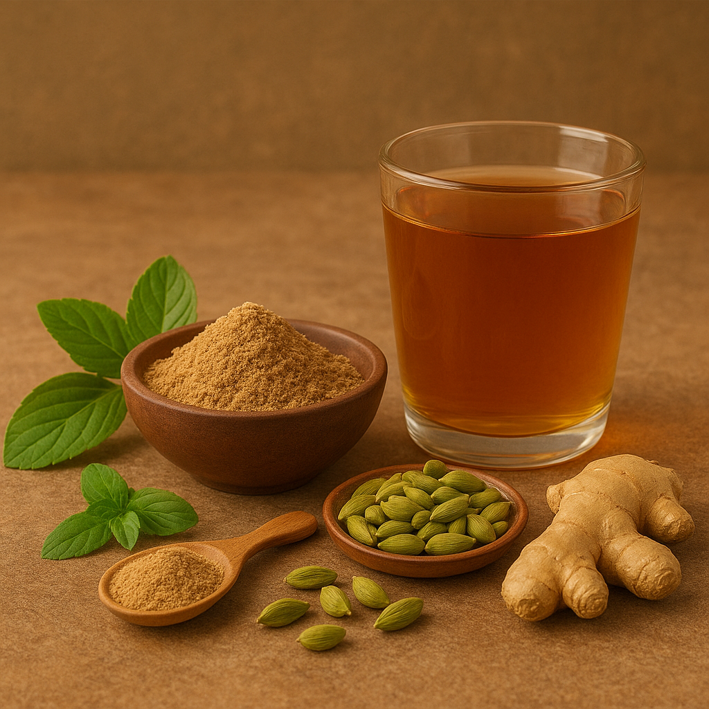 वजन घटाने के लिए आयुर्वेदिक जड़ी-बूटियों से बनी हर्बल ड्रिंक, जिसमें अदरक, इलायची और औषधीय चूर्ण शामिल हैं
