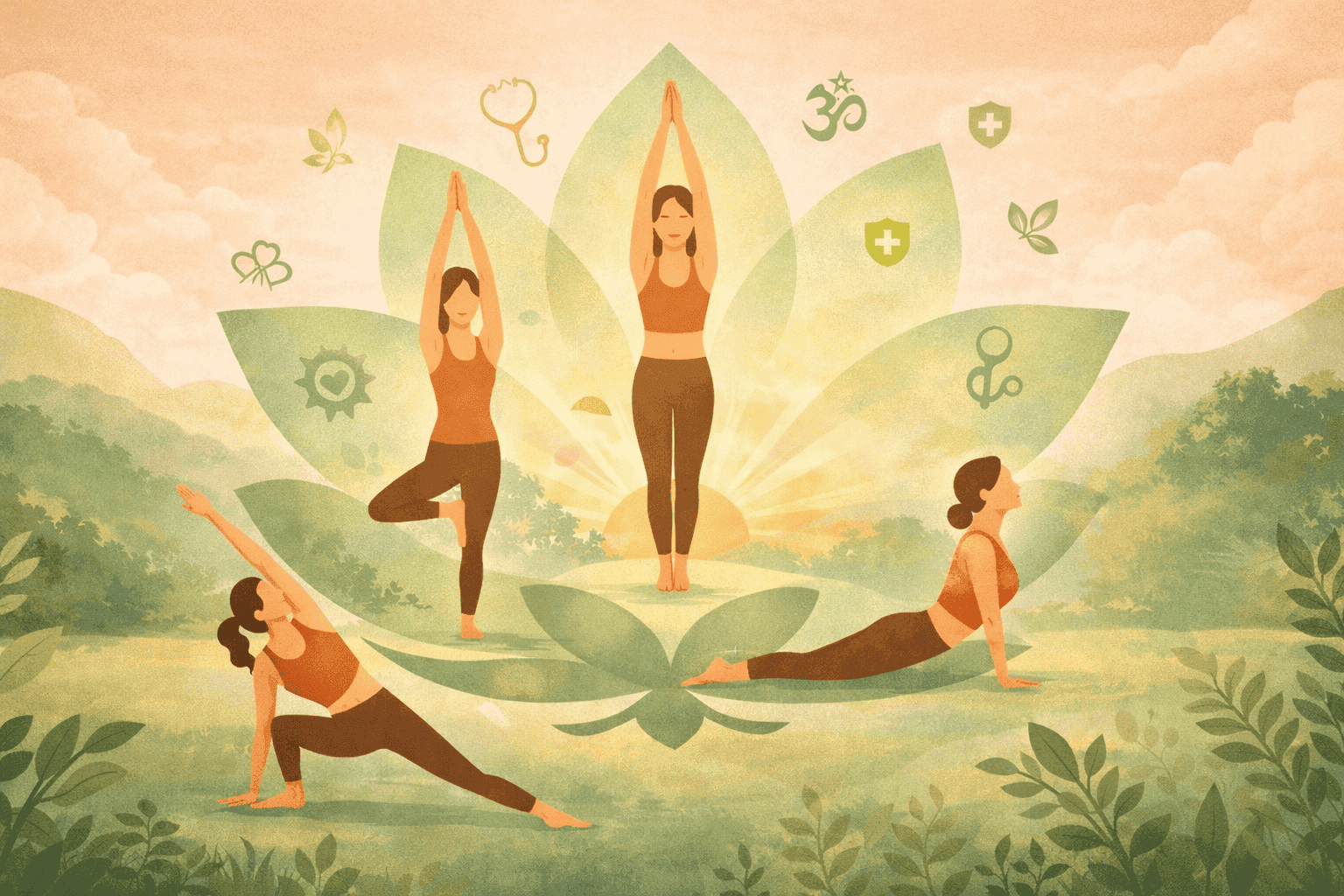 आसन नाम और फायदे – विभिन्न योगासनों का अभ्यास करते हुए महिलाएं, योग से शारीरिक और मानसिक स्वास्थ्य लाभ