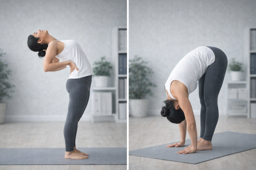 अर्ध चक्रासन और पादहस्तासन का अभ्यास करती महिला – डेस्कटॉप वर्कर्स के लिए योग के द्वारा रीढ़ और कमर को लचीला बनाने वाले योगासन