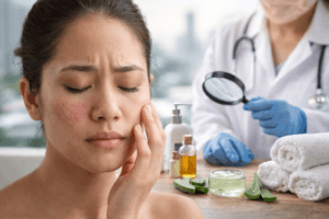 सेंसिटिव स्किन की देखभाल – चेहरे पर लालपन और जलन से परेशान महिला, प्राकृतिक स्किन केयर और त्वचा विशेषज्ञ की जांच को दर्शाती इमेज