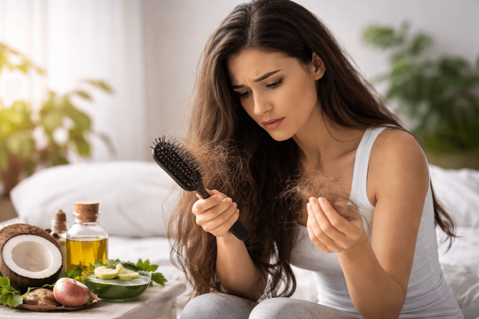 बालों के झड़ने के घरेलू उपाय दर्शाती युवती, कंघी में झड़ते बाल और प्राकृतिक हेयर केयर सामग्री