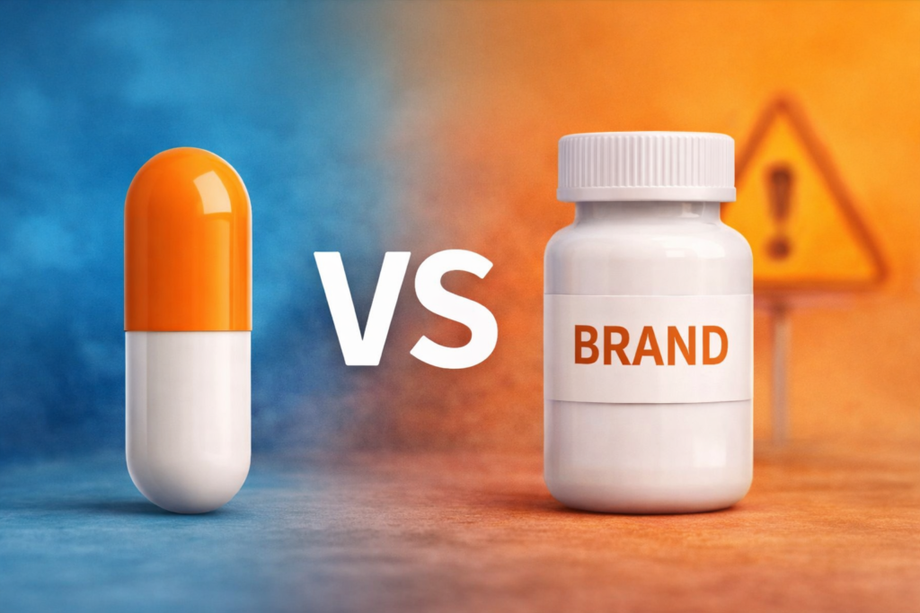 जेनरिक दवा बनाम ब्रांडेड दवा की तुलना दर्शाती इमेज, जिसमें सस्ती जेनरिक दवा और ब्रांडेड दवा की सुरक्षा और प्रभावशीलता को समझाया गया है