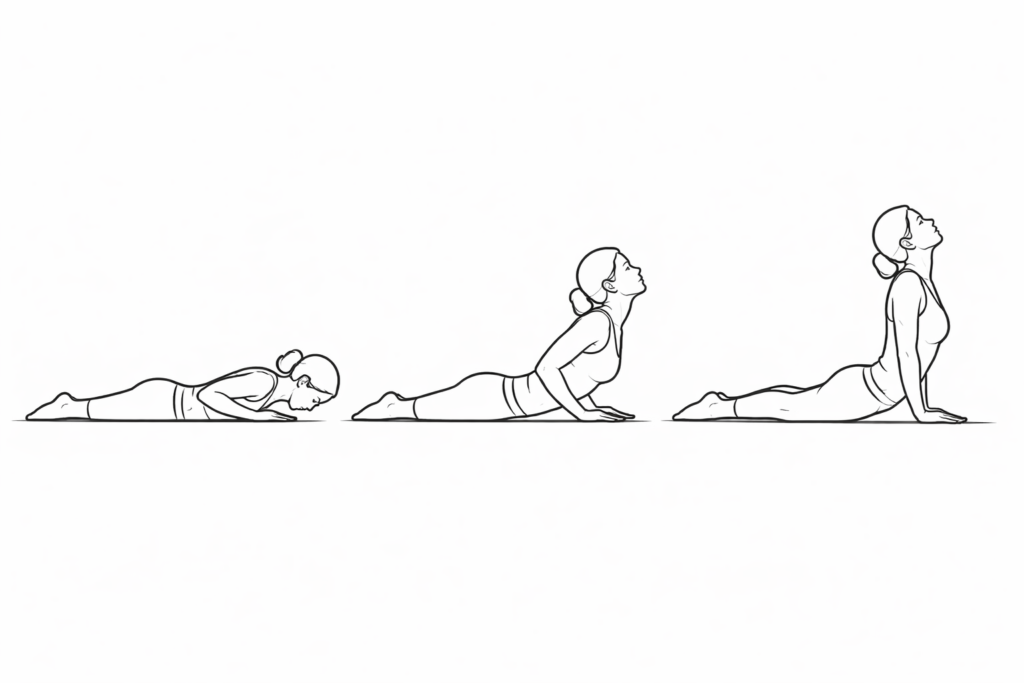 आसन नाम और फायदे – भुजंगासन के तीन चरणों का रेखा चित्र