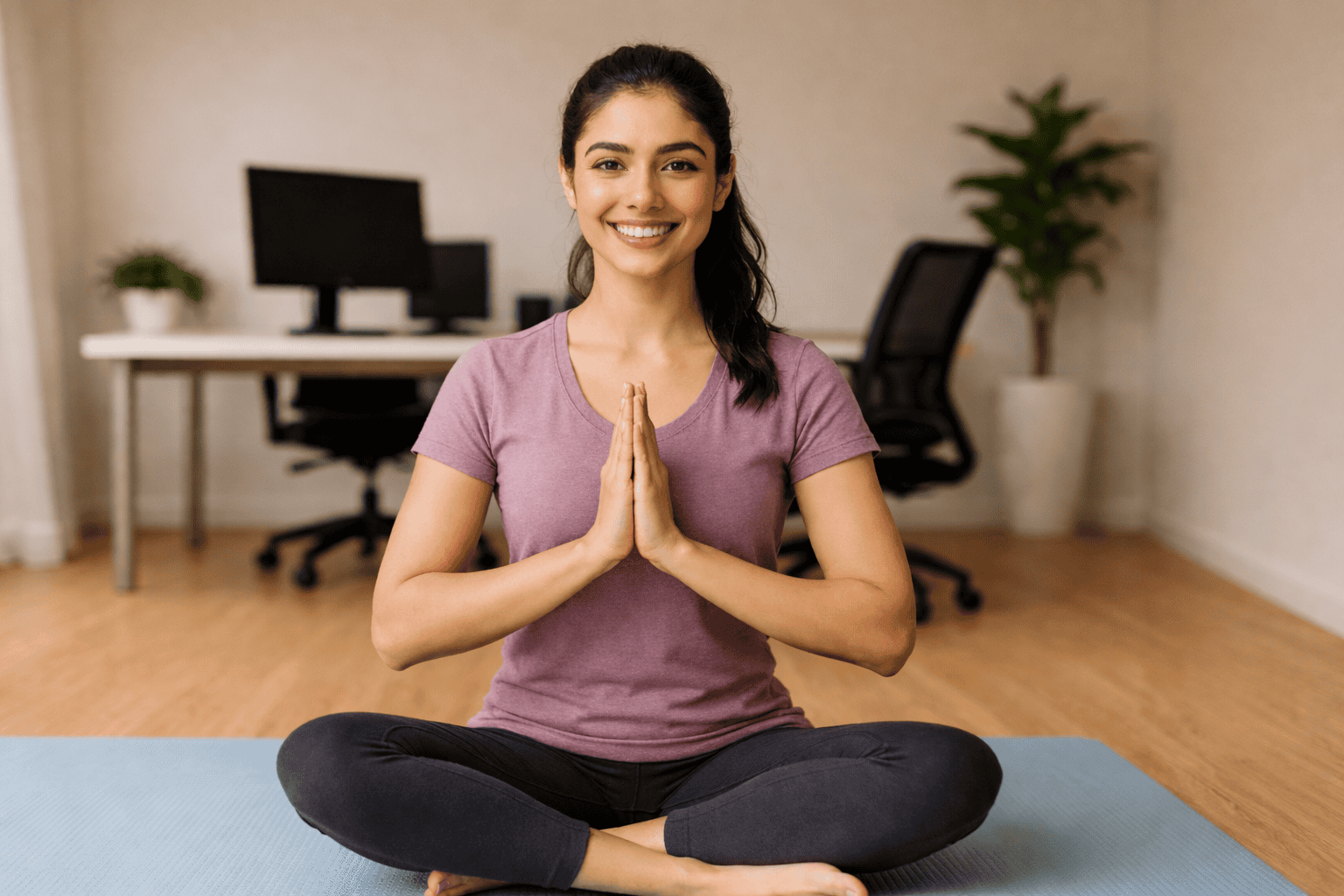 ऑफिस वातावरण में योगासन करती युवती – डेस्कटाप वर्कर्स के लिए योग एक्सरसाइज