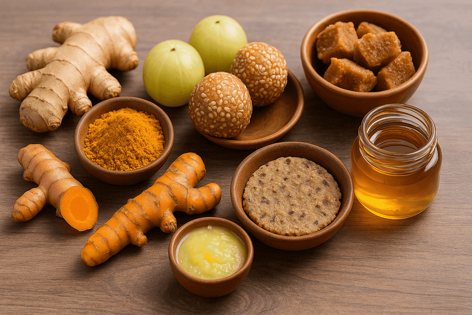 सर्दियों के औषधीय खाद्य पदार्थ जैसे अदरक, हल्दी, आंवला, तिल लड्डू, गुड़, शहद और घी की प्राकृतिक तस्वीर