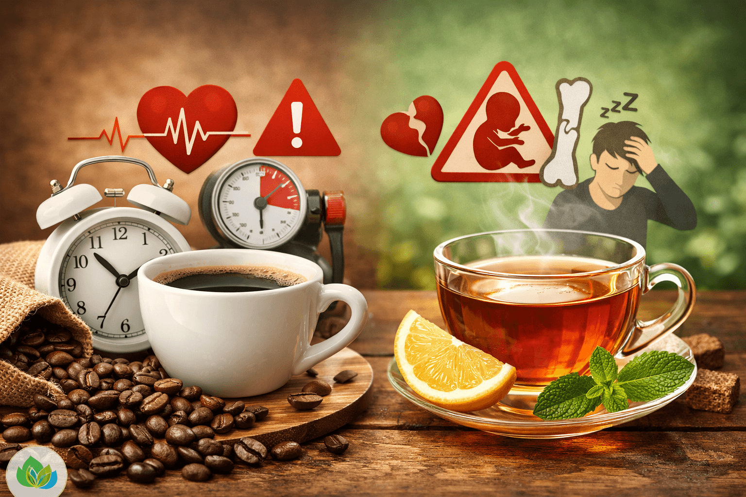 चाय और कॉफी के नुकसान दर्शाती स्वास्थ्य संबंधी इमेज, जिसमें कैफीन के दुष्प्रभाव, हृदय, पाचन और मानसिक स्वास्थ्य पर प्रभाव दिखाया गया है
