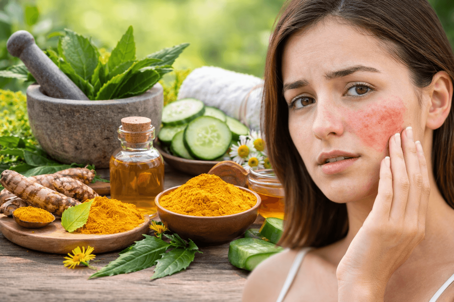 स्किन एलर्जी के प्राकृतिक उपचार दर्शाती इमेज – चेहरे पर एलर्जी से पीड़ित युवती और एलोवेरा, नीम, हल्दी, शहद जैसे घरेलू उपाय