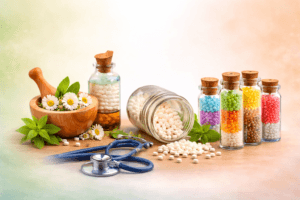 होम्योपैथी क्या है – फायदे , नुकसान और महत्व को दर्शाती इमेज, जिसमें होम्योपैथिक दवाएं, गोलियां, शीशियां और प्राकृतिक औषधीय तत्व दिखाए गए हैं