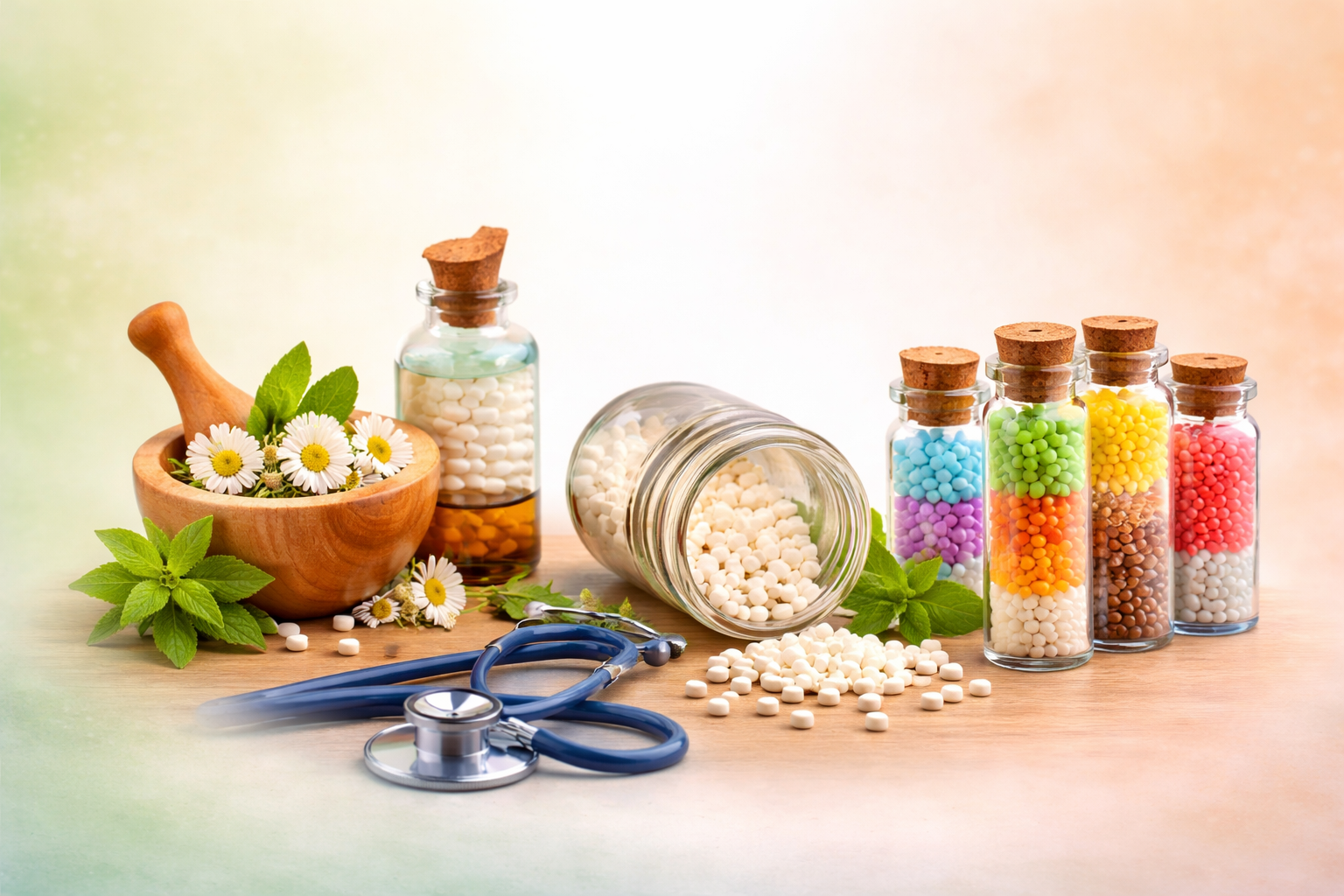 होम्योपैथी क्या है – फायदे, नुकसान और महत्व को दर्शाती इमेज, जिसमें होम्योपैथिक दवाएं, गोलियां, शीशियां और प्राकृतिक औषधीय तत्व दिखाए गए हैं