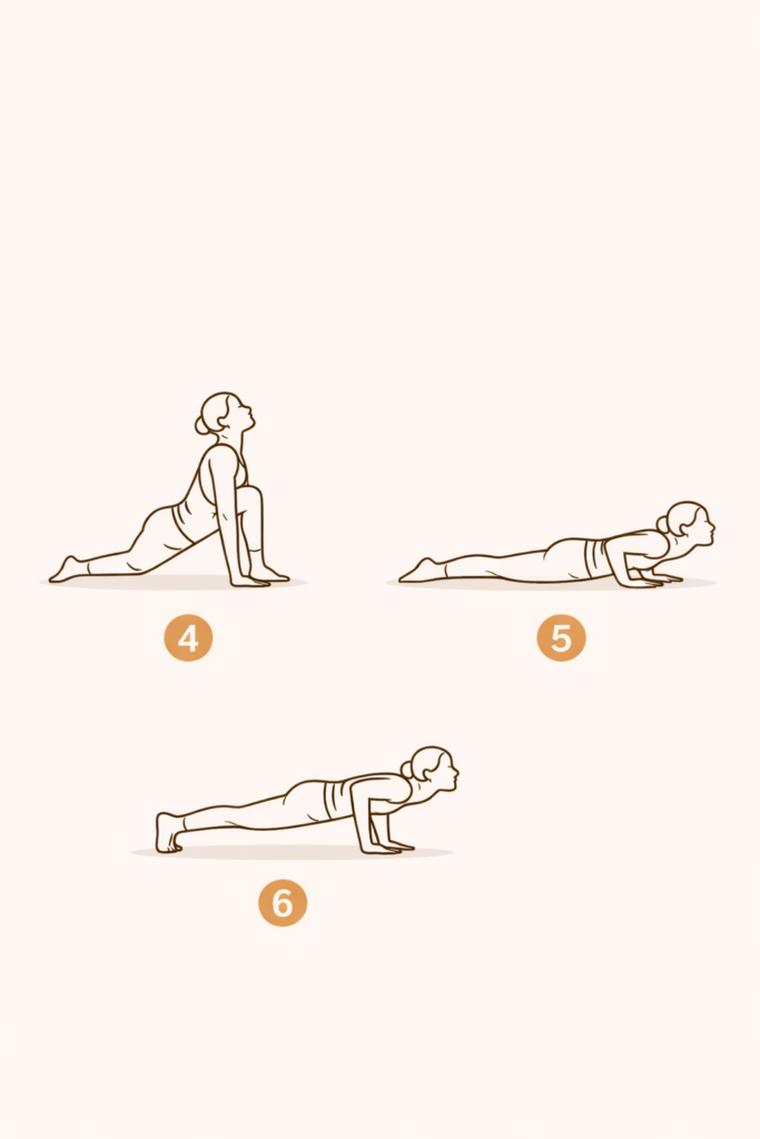 "सूर्य नमस्कार के फायदे समझाने वाले चरण 4 से 6 – अश्व संचालनासन, दण्डासन और अष्टांग नमस्कार का रेखाचित्र"