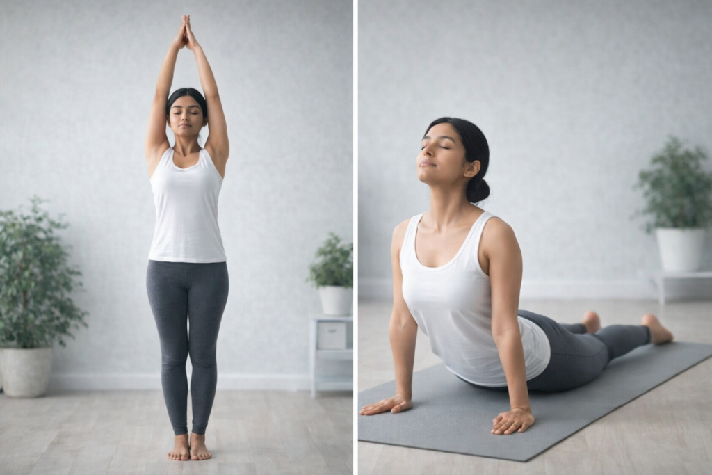 ताड़ासन और भुजंगासन करते हुए योग अभ्यास – डेस्कटॉप वर्कर्स के लिए रीढ़ और पीठ को मजबूत करने वाले योगासन