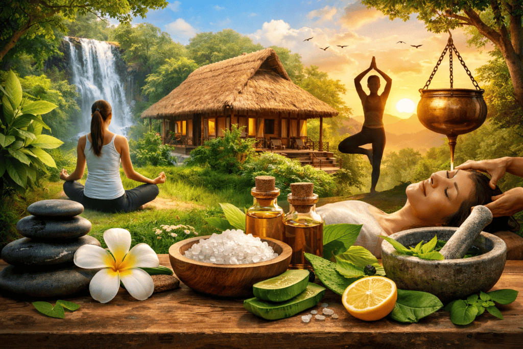 "भारत के प्रमुख नेचुरोपैथी उपचार केन्द्रों का दृश्य, योग, ध्यान और प्राकृतिक चिकित्सा पद्धति"