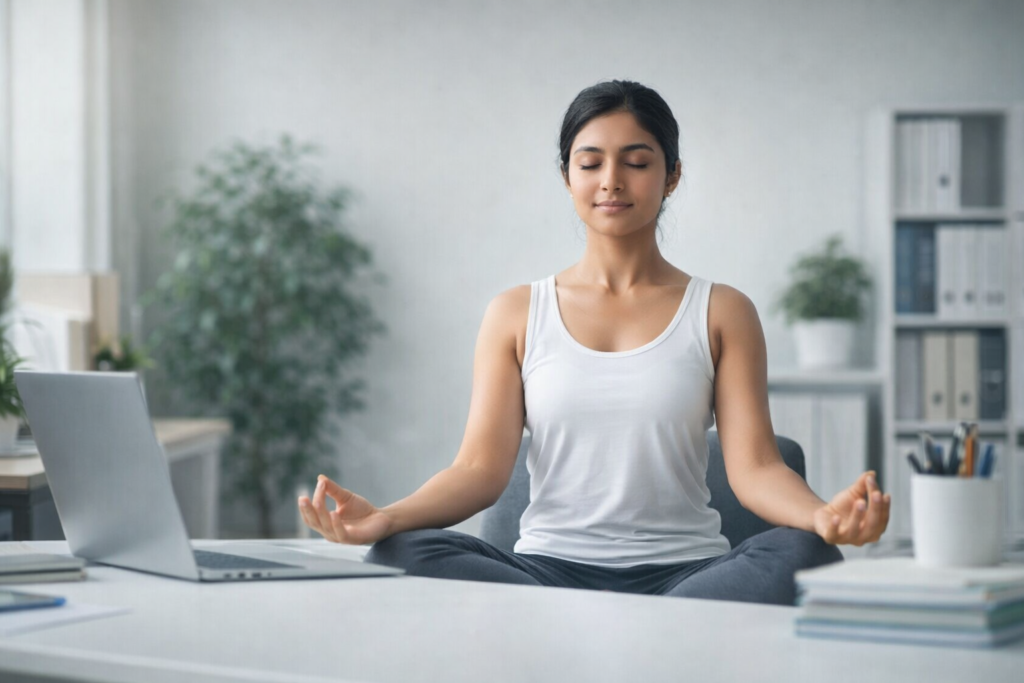 ऑफिस डेस्क पर ध्यान मुद्रा में बैठी महिला – डेस्कटॉप वर्कर्स के लिए ध्यान और प्राणायाम अभ्यास