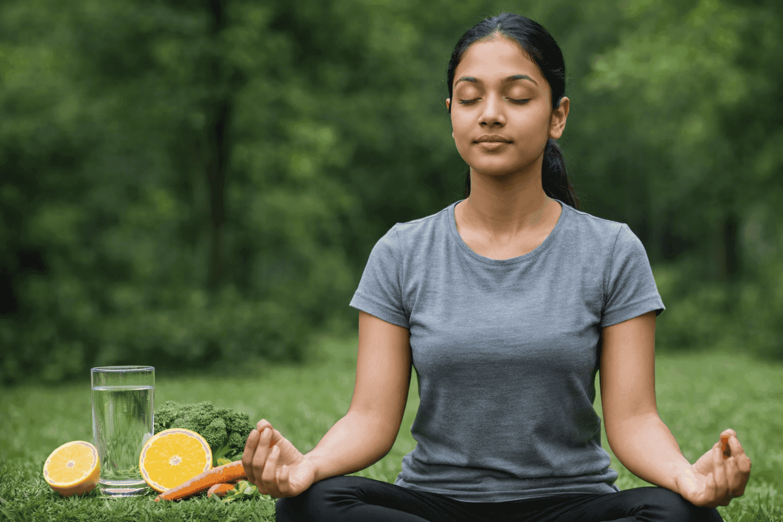 "नेचुरोपैथी डिटॉक्स थेरेपी का प्राकृतिक दृश्य, ध्यान करती महिला, फल, सब्जियां और पानी के साथ प्राकृतिक उपचार"