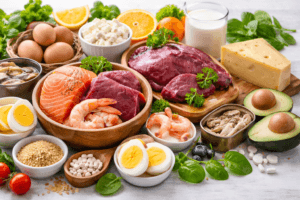 "विटामिन B12 का महत्व – अंडा, मछली, मांस, दूध और डेयरी उत्पाद जैसे विटामिन B12 से भरपूर प्राकृतिक स्रोत"
