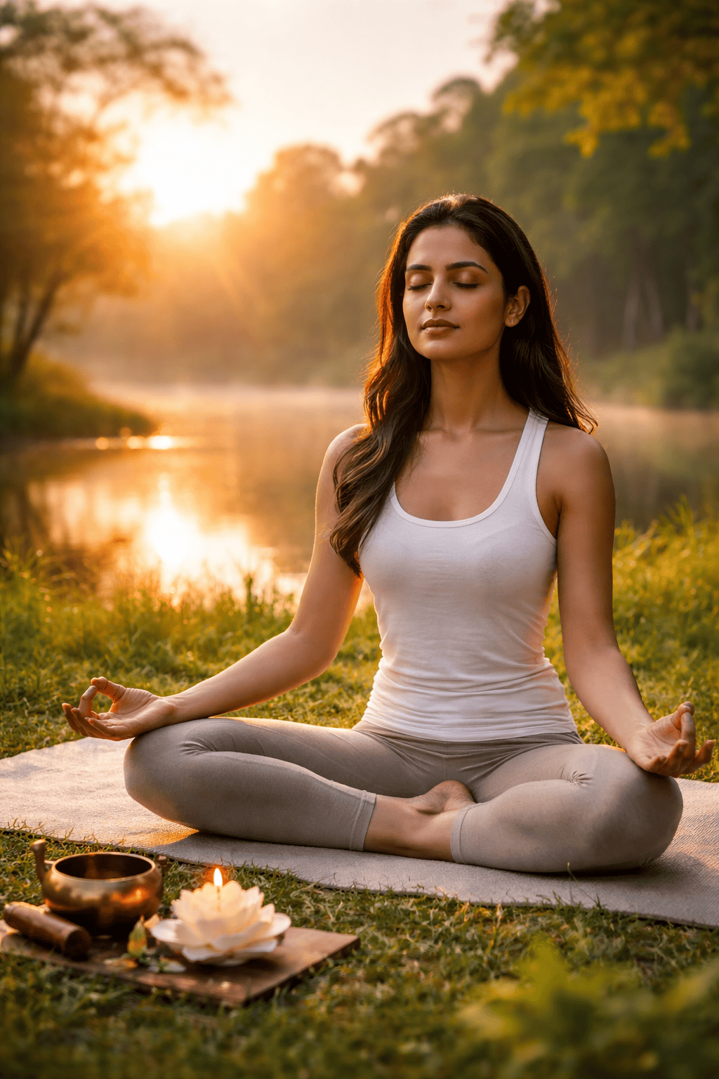 योगा : मेडिटेशन कैसे करें – सुबह शांत वातावरण में ध्यान मुद्रा में बैठी महिला