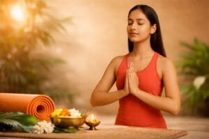 "सूर्य नमस्कार के फायदे दर्शाती योग अभ्यास करती महिला की शांत और संतुलित इमेज"