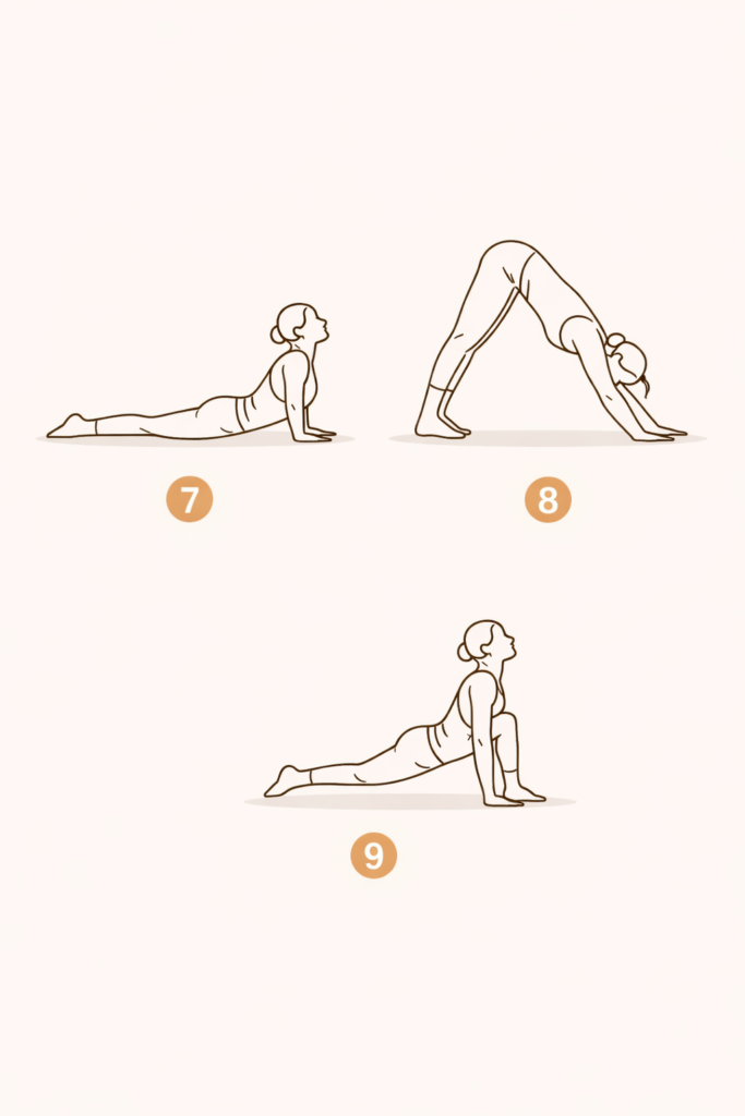 "सूर्य नमस्कार के फायदे समझाने वाले चरण 7 से 9 – भुजंगासन, पर्वतासन और अश्व संचालनासन का रेखाचित्र"