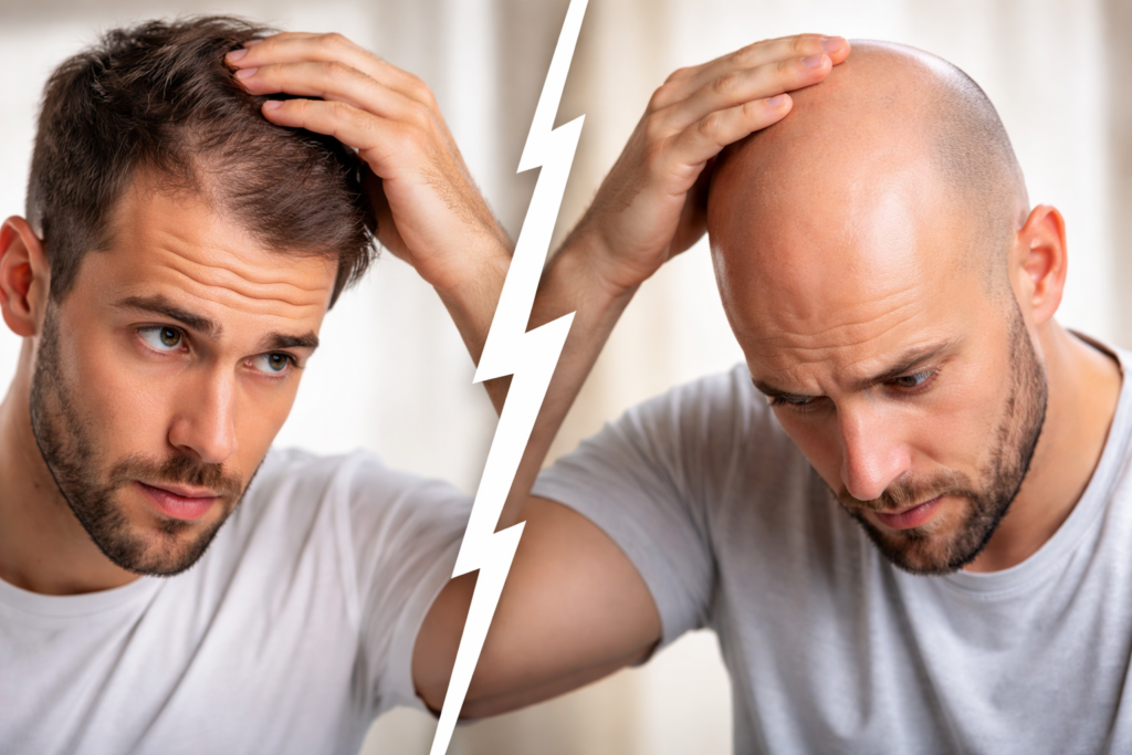 पुरुषों में गंजापन बनाम हेयर फॉल – बाल झड़ने और पुरुषों में गंजेपन के अंतर को दर्शाती छवि