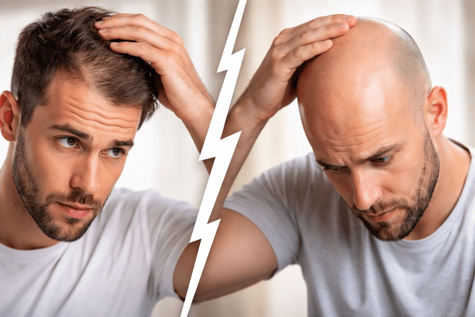 पुरुषों में गंजापन बनाम हेयर फॉल – बाल झड़ने और पुरुषों में गंजेपन के अंतर को दर्शाती छवि