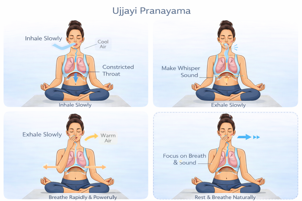 उज्जायी प्राणायाम की चरणबद्ध विधि दर्शाती योग इमेज, जिसमें गले से नियंत्रित श्वास, धीमी श्वास-प्रश्वास और ध्यान केंद्रित करने की प्रक्रिया दिखाई गई है