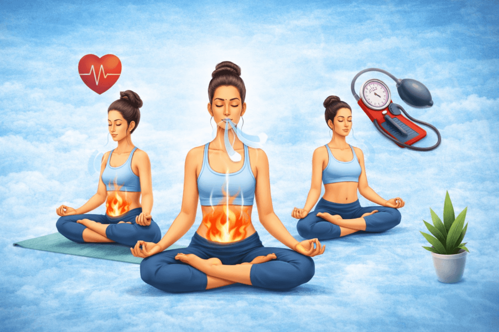 हाई बीपी में प्राणायाम का अभ्यास करते हुए योगासन में बैठी महिला, रक्तचाप नियंत्रण हेतु श्वसन क्रिया दर्शाता चित्र