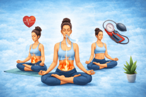 हाई बीपी में प्राणायाम का अभ्यास करते हुए योगासन में बैठी महिला, रक्तचाप नियंत्रण हेतु श्वसन क्रिया दर्शाता चित्र