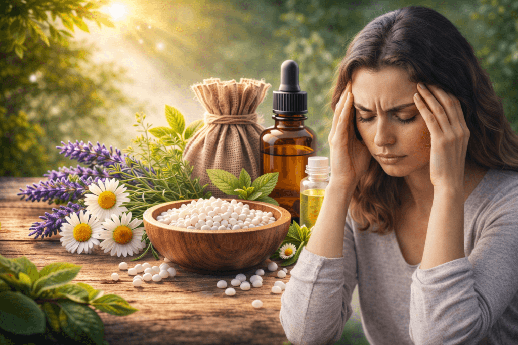 होम्योपैथी से मानसिक तनाव और नींद सुधार के लिए प्राकृतिक दवाएं, मानसिक तनाव से परेशान महिला और होम्योपैथिक औषधियां