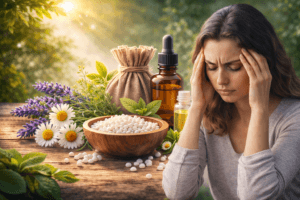 होम्योपैथी से मानसिक तनाव और नींद सुधार के लिए प्राकृतिक दवाएं, मानसिक तनाव से परेशान महिला और होम्योपैथिक औषधियां