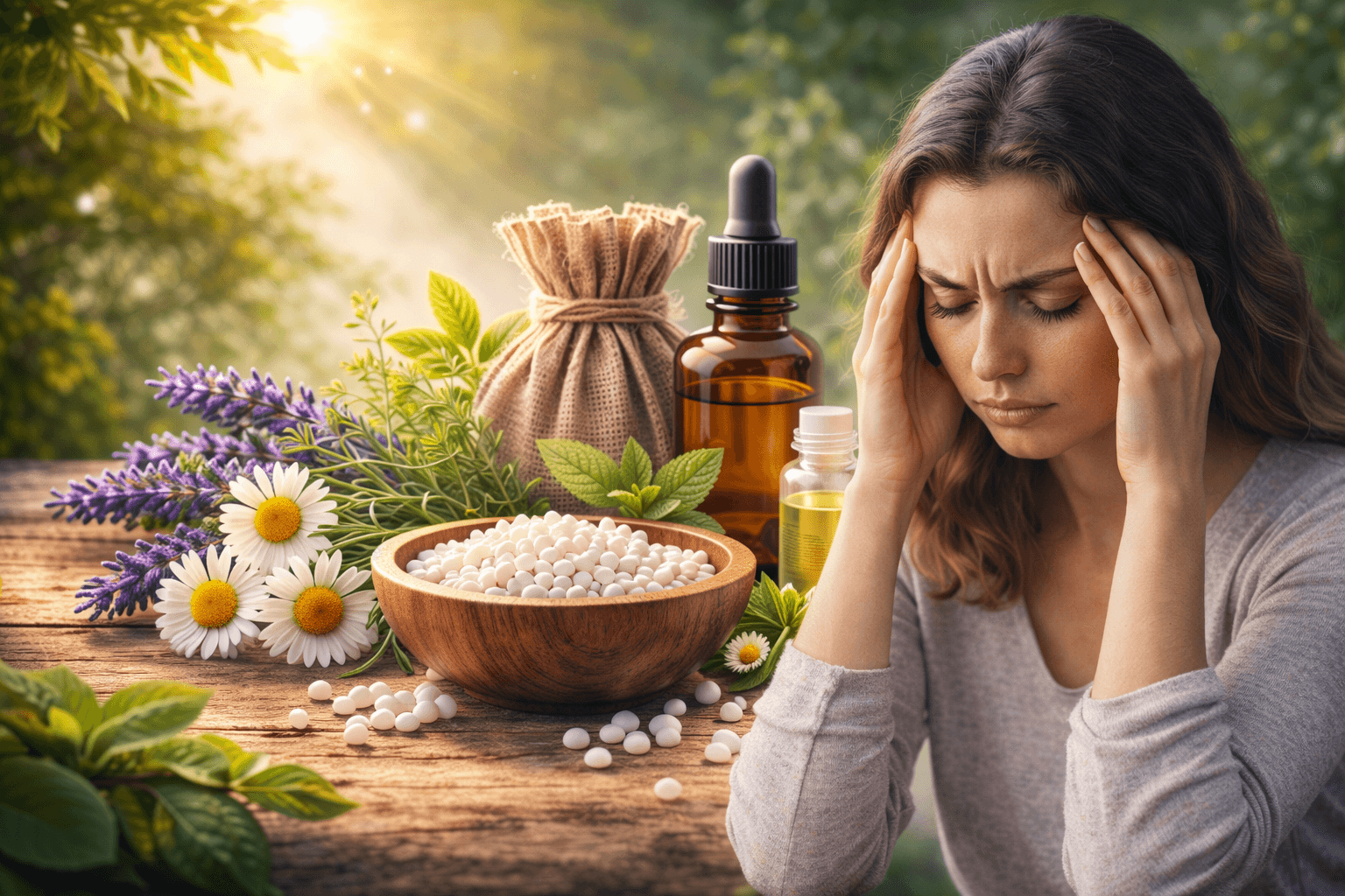 होम्योपैथी से मानसिक तनाव और नींद सुधार के लिए प्राकृतिक दवाएं, मानसिक तनाव से परेशान महिला और होम्योपैथिक औषधियां