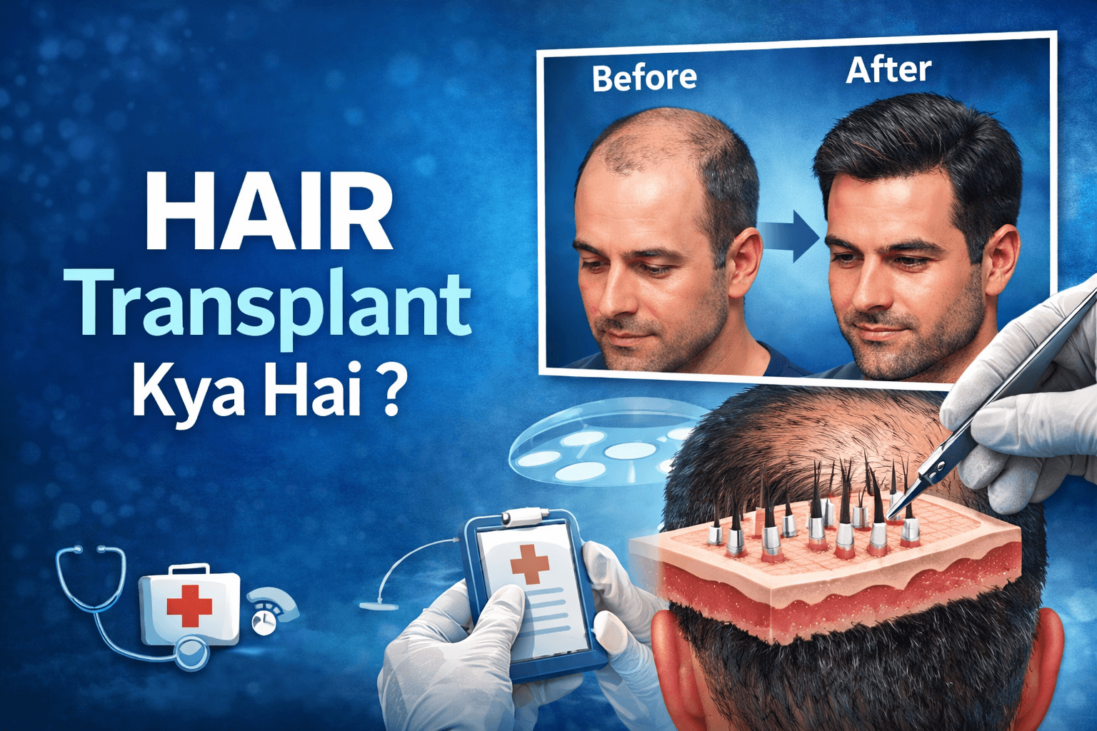 हेयर ट्रांसप्लांट क्या है – यह इमेज हेयर ट्रांसप्लांट प्रक्रिया और उसके सामान्य परिणामों को शैक्षणिक उद्देश्य से दर्शाती है।