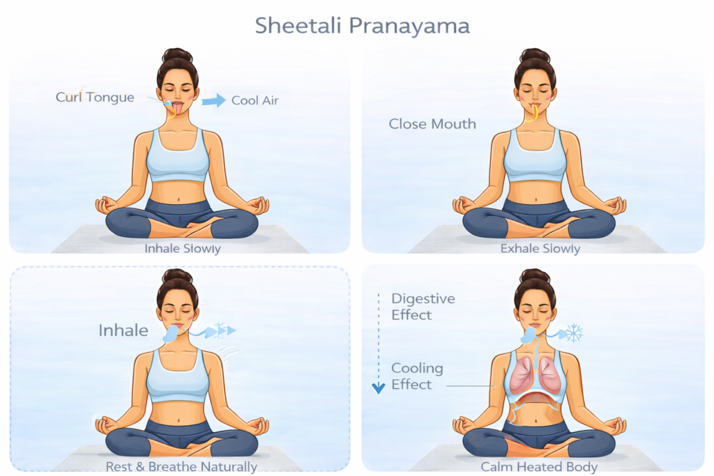 शीतली प्राणायाम की चरणबद्ध विधि दर्शाती योग इमेज, जिसमें ठंडी श्वास लेने, श्वास छोड़ने और शरीर को शीतल करने की प्रक्रिया दिखाई गई है