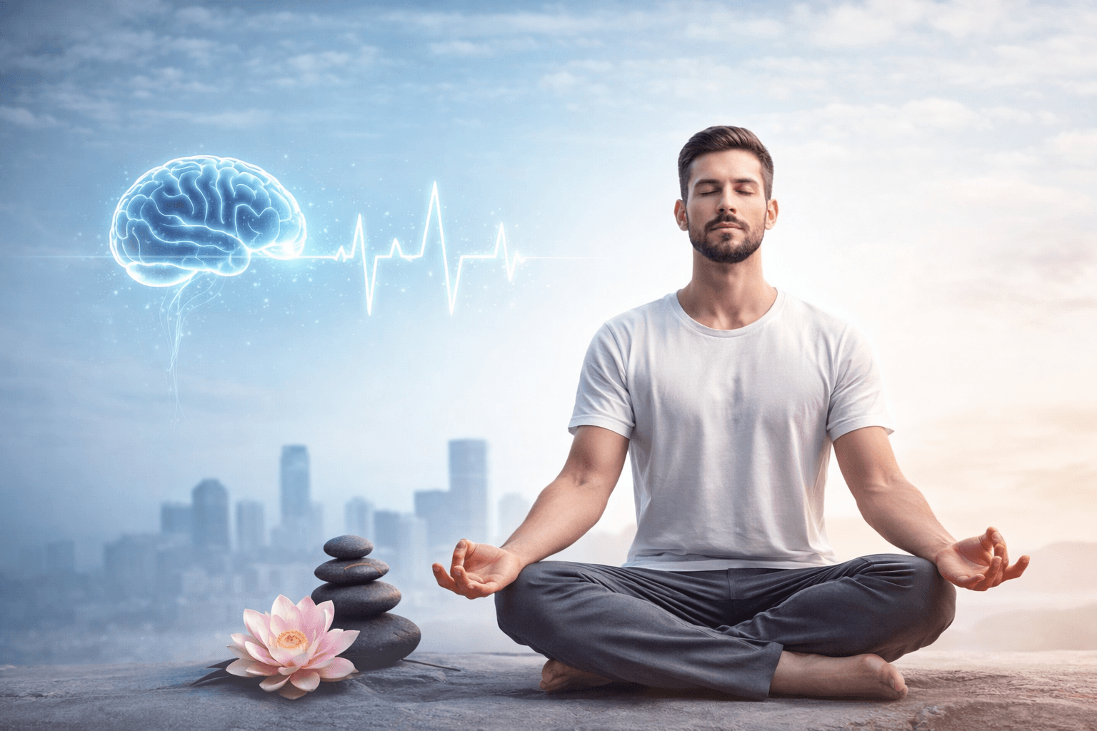 तनाव में प्राणायाम करते हुए व्यक्ति – तनाव कम करने के लिए ध्यान और श्वास अभ्यास