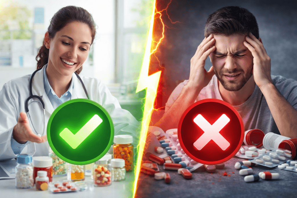 एलोपैथी इलाज के फायदे और नुकसान दर्शाता चित्र जिसमें एक ओर दवाइयों के लाभ और दूसरी ओर एलोपैथिक दवाओं से जुड़ी संभावित समस्याएँ दिखाई गई हैं