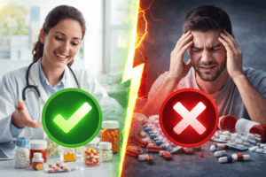 एलोपैथी इलाज के फायदे और नुकसान दर्शाता चित्र जिसमें एक ओर दवाइयों के लाभ और दूसरी ओर एलोपैथिक दवाओं से जुड़ी संभावित समस्याएँ दिखाई गई हैं