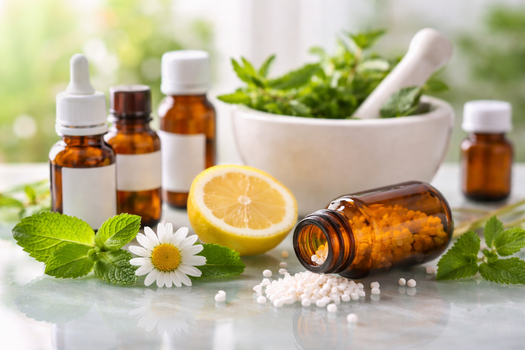 होम्योपैथी दवा लेने के सही नियम और सुरक्षित उपयोग को दर्शाता प्रतीकात्मक मेडिकल दृश्य