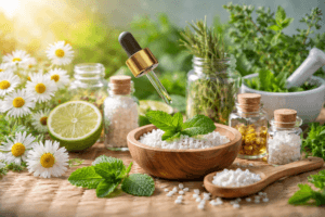 होम्योपैथी की सुरक्षित और प्राकृतिक चिकित्सा पद्धति को दर्शाती इमेज, जिसमें जड़ी-बूटियाँ और होम्योपैथिक गोलियाँ दिखाई दे रही हैं