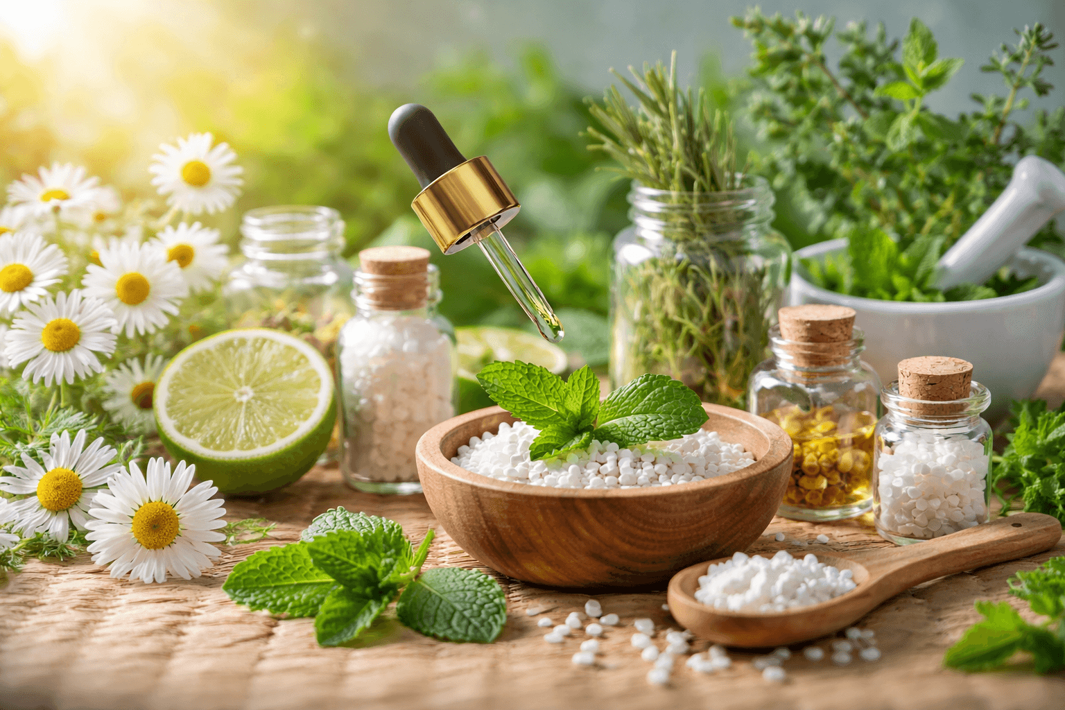 होम्योपैथी की सुरक्षित और प्राकृतिक चिकित्सा पद्धति को दर्शाती इमेज, जिसमें जड़ी-बूटियाँ और होम्योपैथिक गोलियाँ दिखाई दे रही हैं