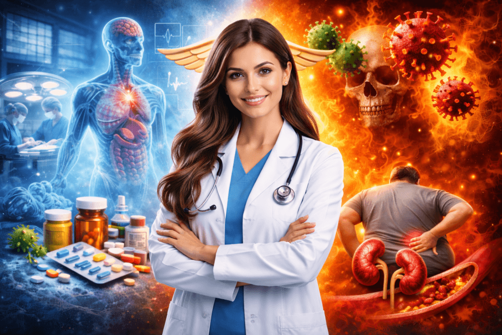 एलोपैथी चिकित्सा पद्धति का प्रतिनिधित्व करती लेडी डॉक्टर, दवाइयाँ और मानव शरीर का मेडिकल दृश्य – एलोपैथी क्या है, फायदे, नुकसान और महत्व