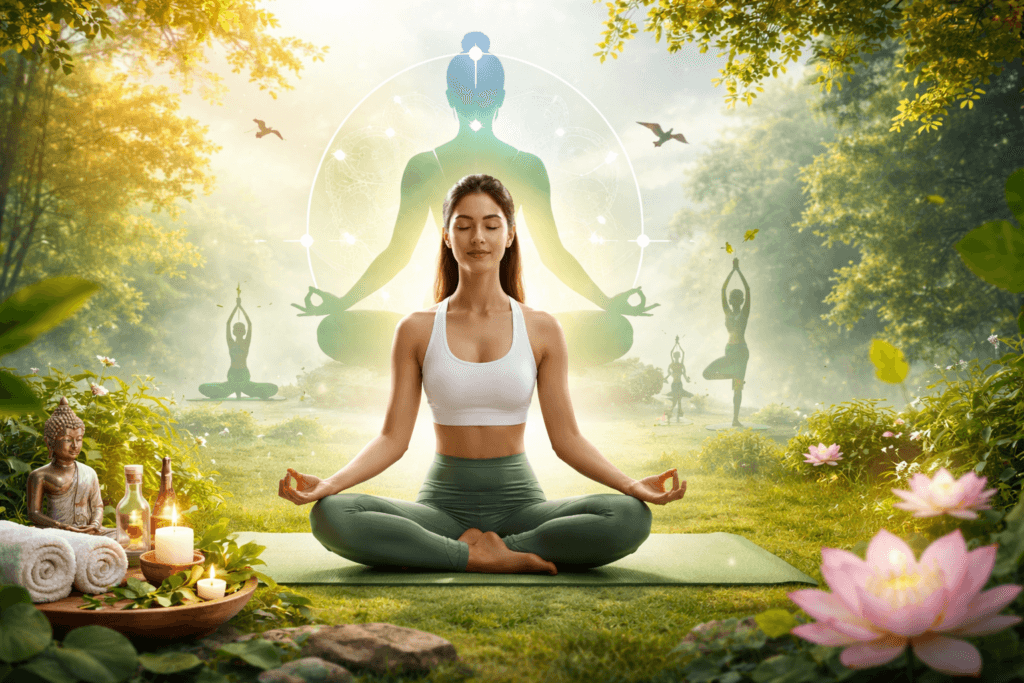 योग के लाभ और महत्व दर्शाती ध्यान मुद्रा में बैठी महिला, स्वस्थ जीवन और मानसिक शांति का प्रतीक