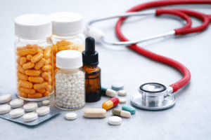 एलोपैथी दवाओं की सूची और उपयोग – विभिन्न एलोपैथिक दवाएं, टैबलेट, कैप्सूल और मेडिकल उपकरण, सुरक्षित और जिम्मेदार उपचार का प्रतीक