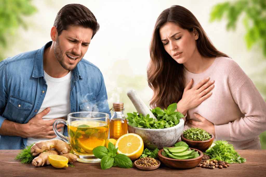 गैस एसिडिटी के आयुर्वेदिक उपाय दर्शाता चित्र जिसमें गैस और एसिडिटी से परेशान पुरुष और महिला के साथ प्राकृतिक हर्बल उपचार दिखाए गए हैं