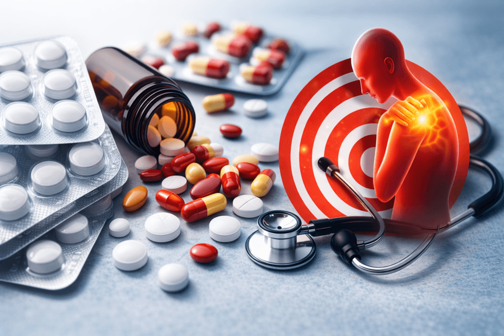 पेन किलर दवाओं का सही इस्तेमाल दिखाती मेडिकल इमेज, जिसमें दर्द से राहत, दवाइयों की मात्रा और सुरक्षित उपयोग का संकेत दिया गया है