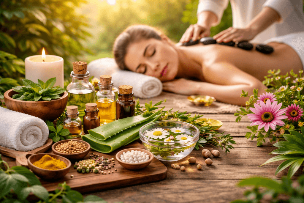 नेचुरोपैथी उपचार का दृश्य जिसमें प्राकृतिक थेरेपी, मसाज, हर्बल ऑयल और प्राकृतिक चिकित्सा पद्धति द्वारा स्वास्थ्य संतुलन दर्शाया गया है