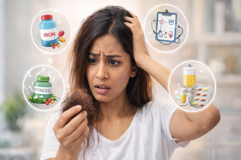 महिलाओं में बाल झड़ने के कारण – हार्मोनल असंतुलन, आयरन की कमी, तनाव और पोषण की कमी से जुड़ी समस्या को दर्शाती महिला