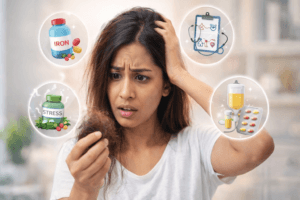 महिलाओं में बाल झड़ने के कारण – हार्मोनल असंतुलन, आयरन की कमी, तनाव और पोषण की कमी से जुड़ी समस्या को दर्शाती महिला