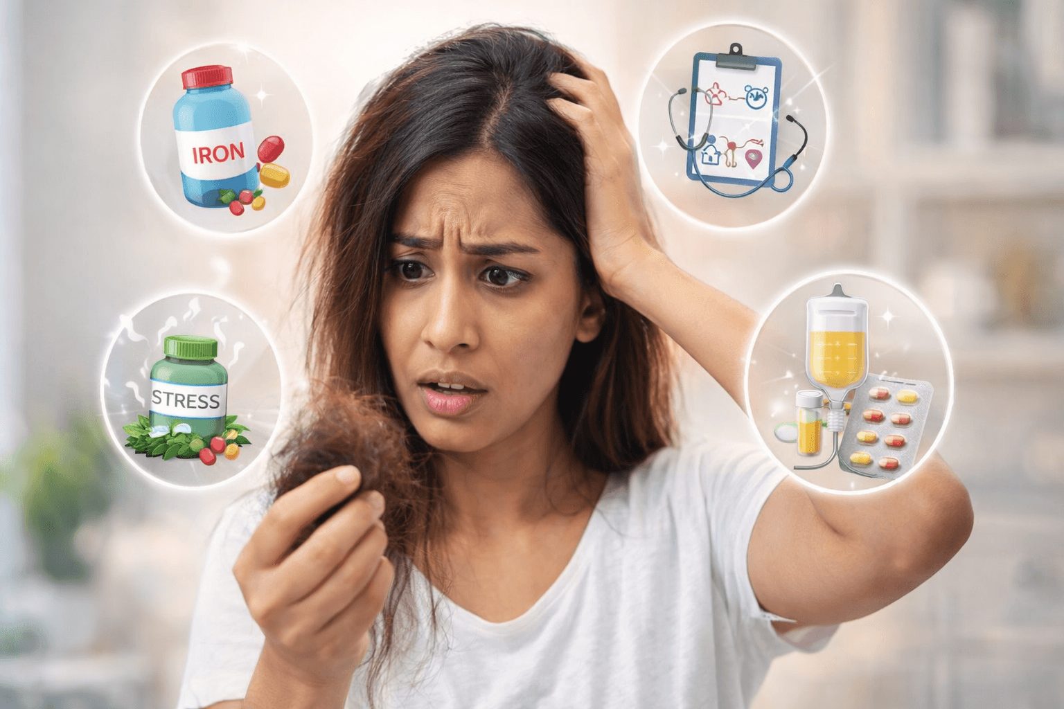 महिलाओं में बाल झड़ने के कारण – हार्मोनल असंतुलन, आयरन की कमी, तनाव और पोषण की कमी से जुड़ी समस्या को दर्शाती महिला