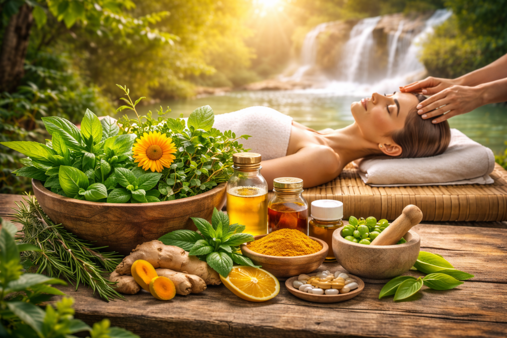 प्राकृतिक चिकित्सा द्वारा रोग निवारण की प्रक्रिया दर्शाता चित्र, जिसमें प्राकृतिक उपचार, संतुलित जीवनशैली और समग्र स्वास्थ्य पर ध्यान दिया गया है।