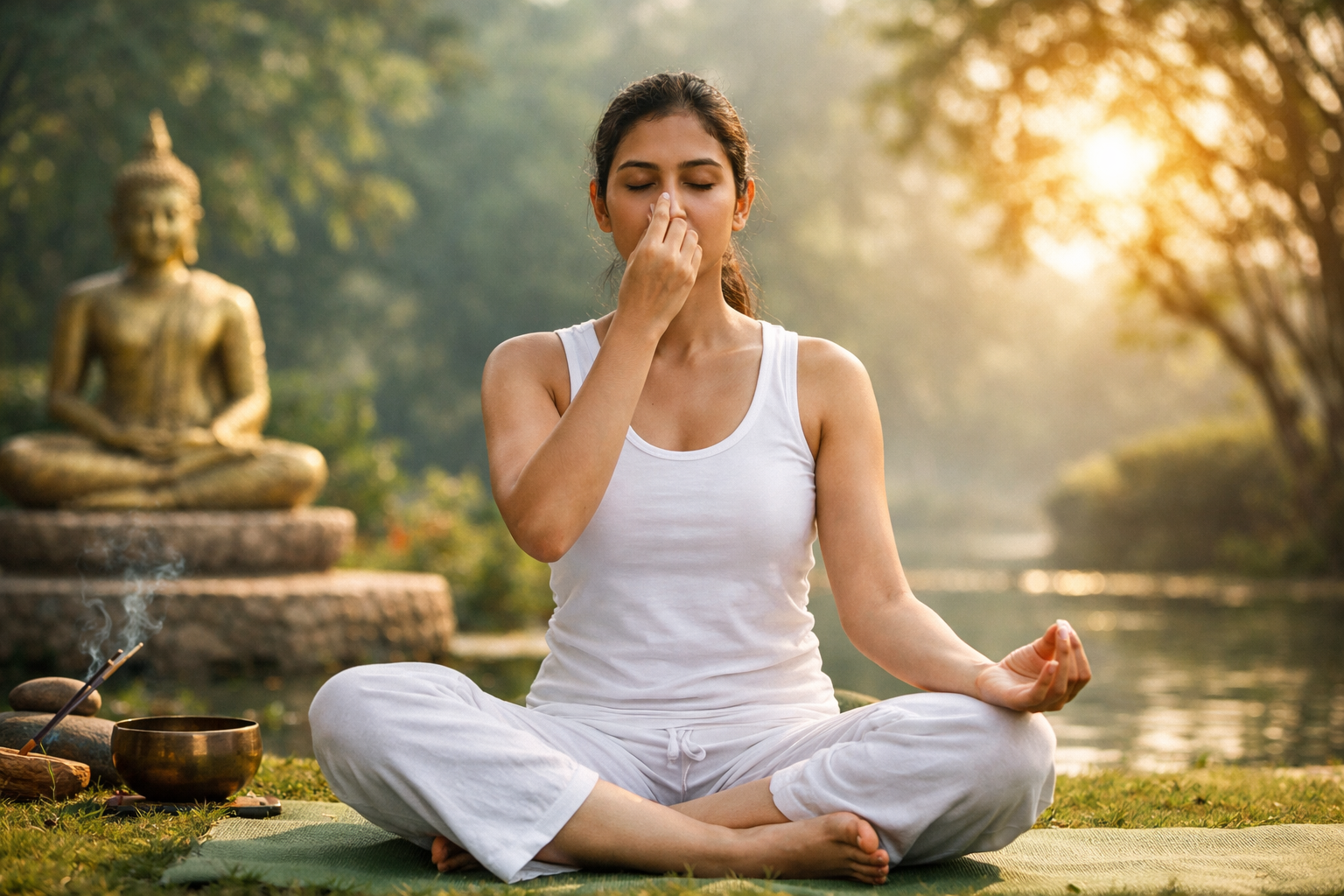 "प्राणायाम करते हुए योग मुद्रा में बैठी महिला, अनुलोम विलोम प्राणायाम द्वारा श्वसन संतुलन और मानसिक शांति का अभ्यास"