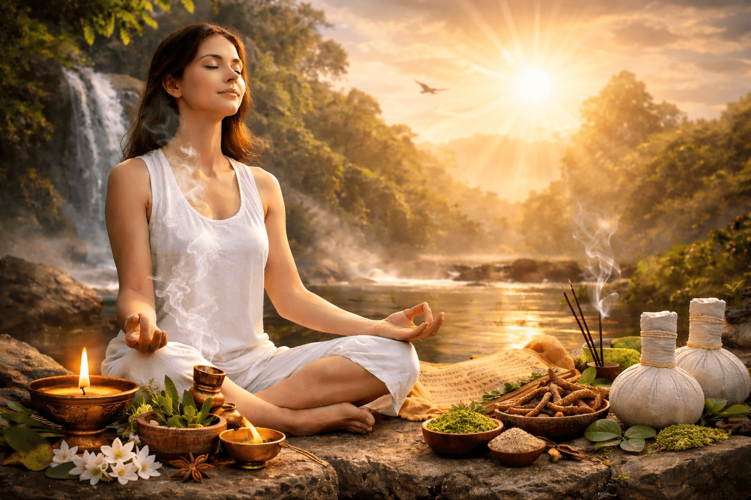 तनाव कम करने के आयुर्वेदिक उपाय दर्शाती ध्यान करती महिला, आयुर्वेदिक जड़ी-बूटियां, धूप और प्राकृतिक वातावरण के साथ मानसिक शांति का दृश्य